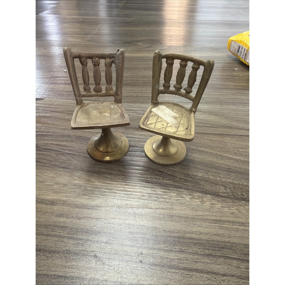 Doll House Chairs Miniatures Pair brass chairs 2 stools For Doll House Vintage